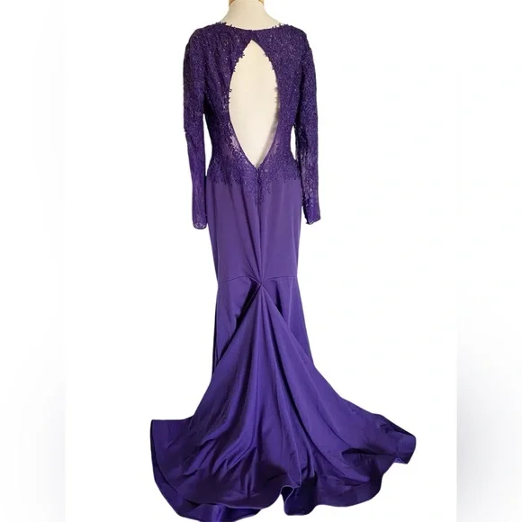 Mori Lee Madeline Gardner Gown Dress Sz 14 Purple Long Sleeve Sequins Lace Gala - Picture 6 of 16